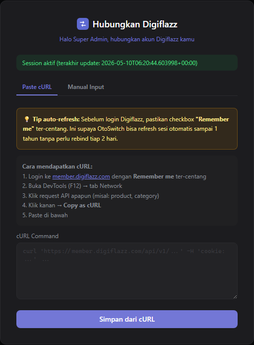 Halaman Setup dengan kotak paste cURL