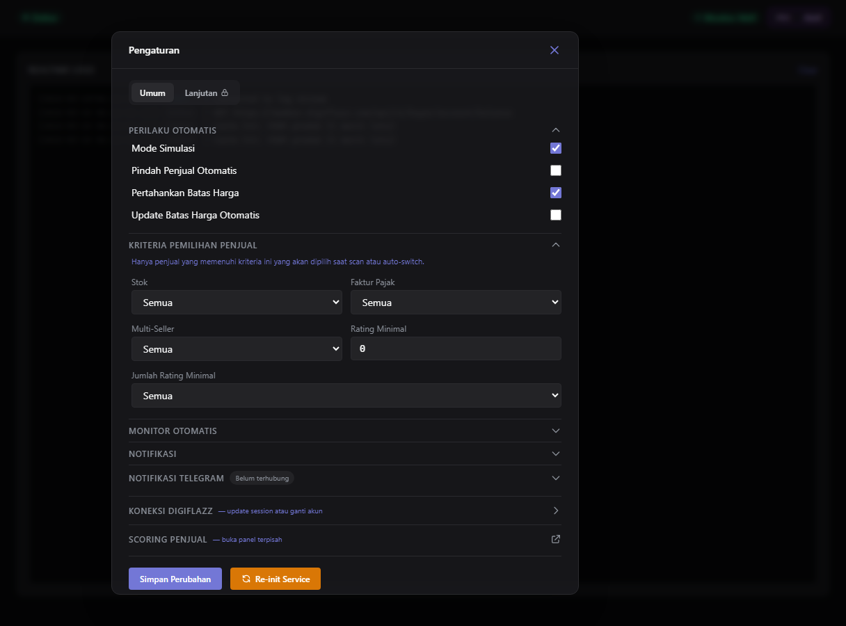 Modal Settings dengan panel collapsible